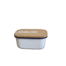 Square Enamel Butter Dish ,Enamel Pie Dish With Beech Wood Lid